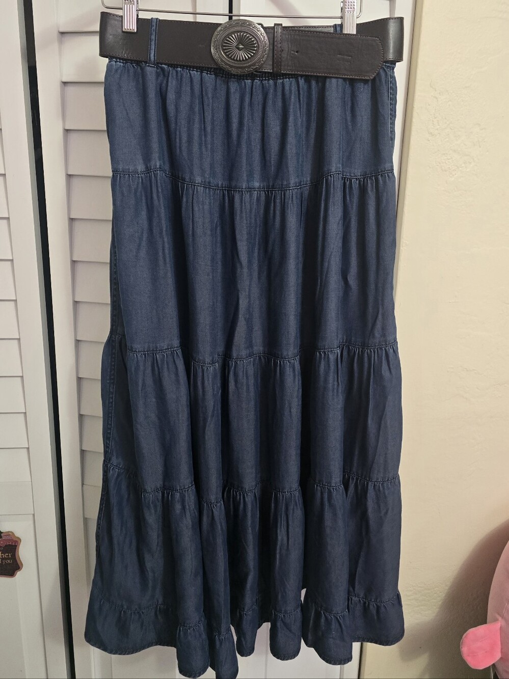 Belted Soft Denim Tiered Maxi Skirt